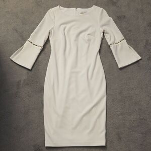 Calvin Klein Cream Sheath Dress with Bell Sleeves and Crew Neck